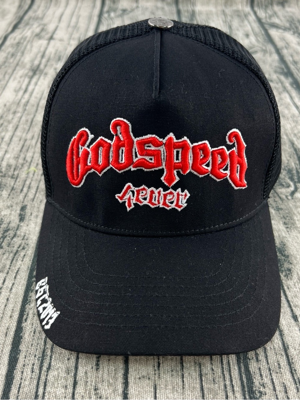 Godspeed Black Trucker Hat with Red Embroidered Logo